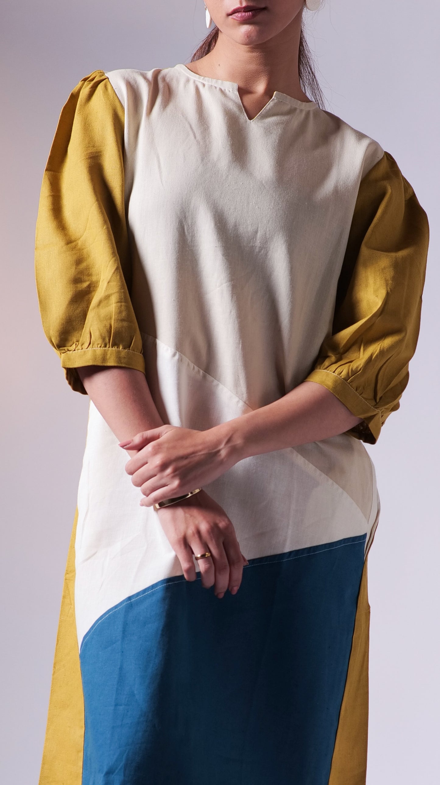 Colourblock Knee Dress - Mustard