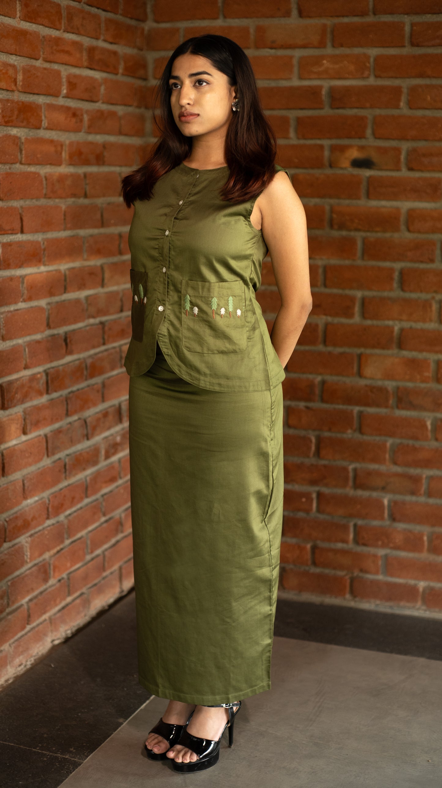 Vest Skirt Trees Set - Olive Green