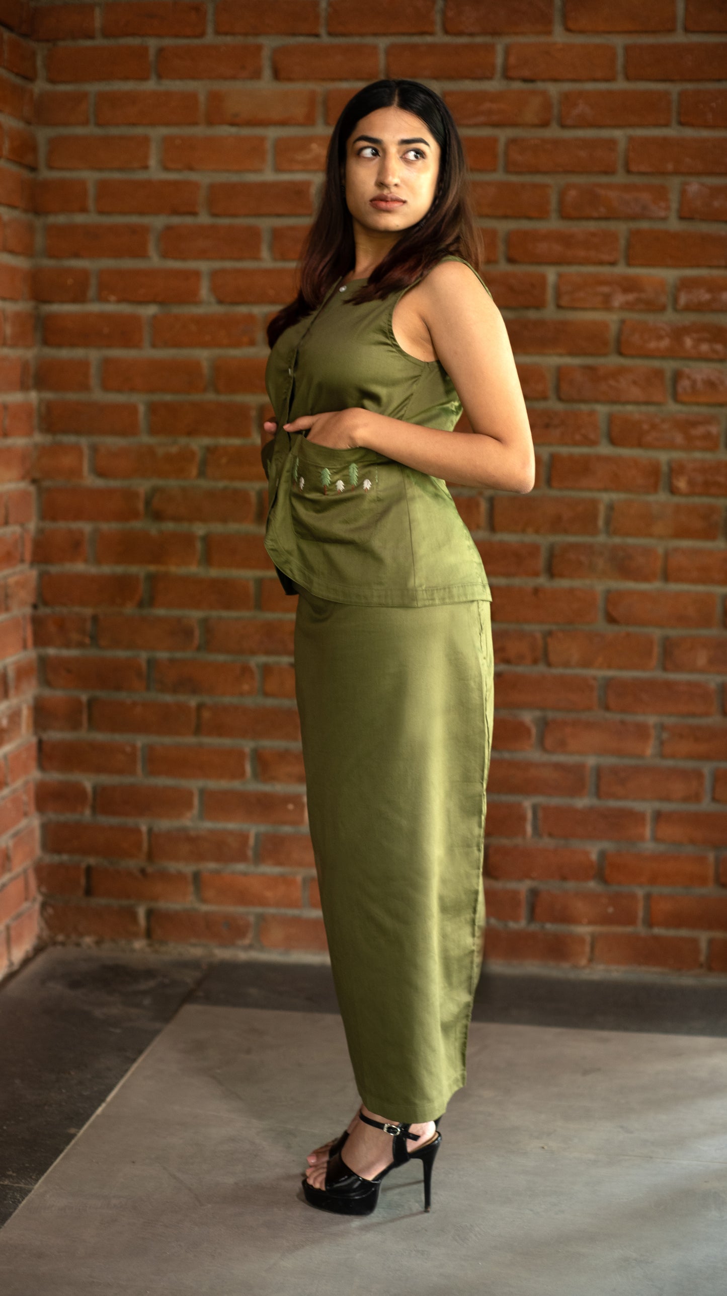 Vest Skirt Trees Set - Olive Green