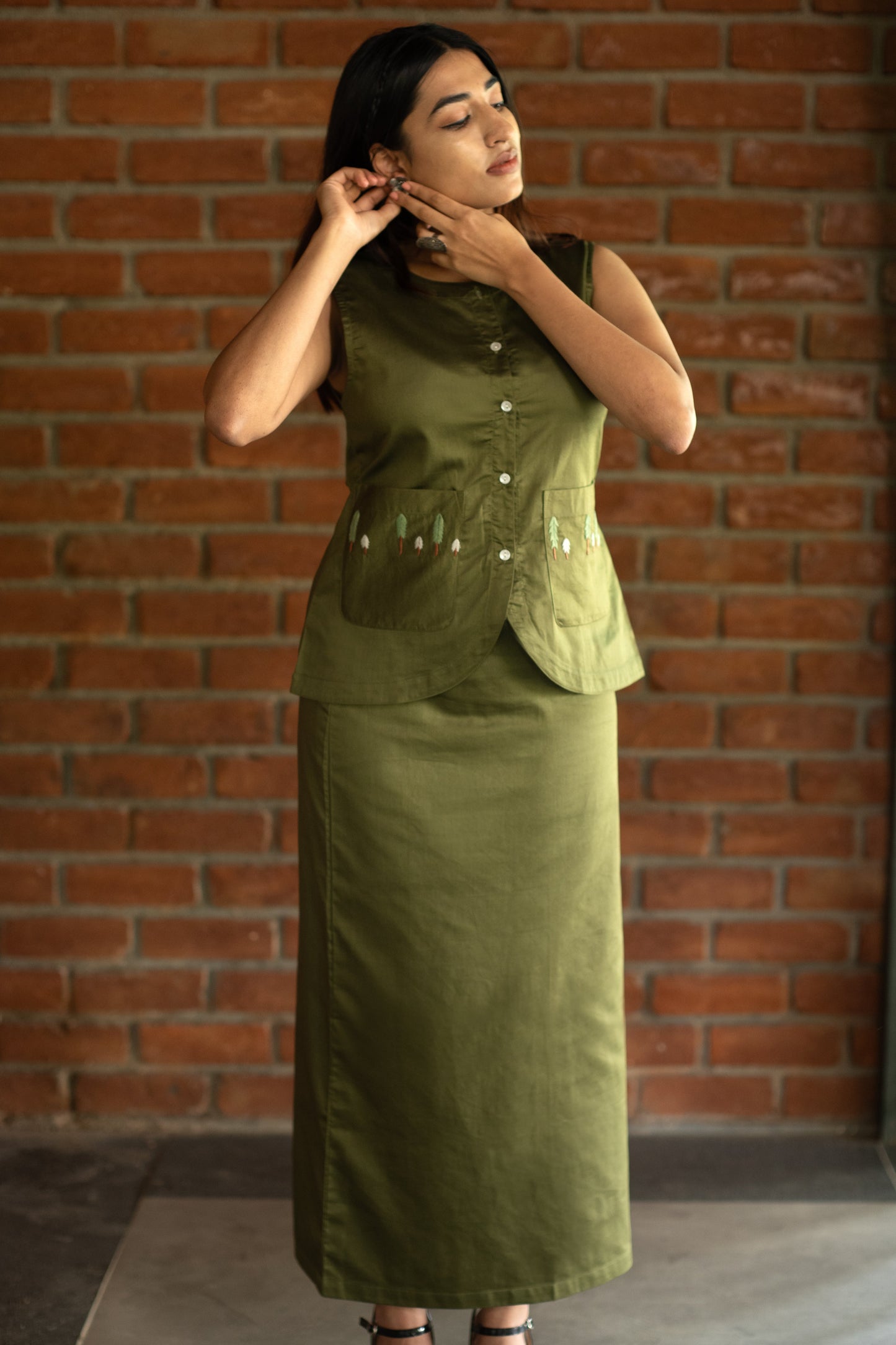 Vest Skirt Trees Set - Olive Green