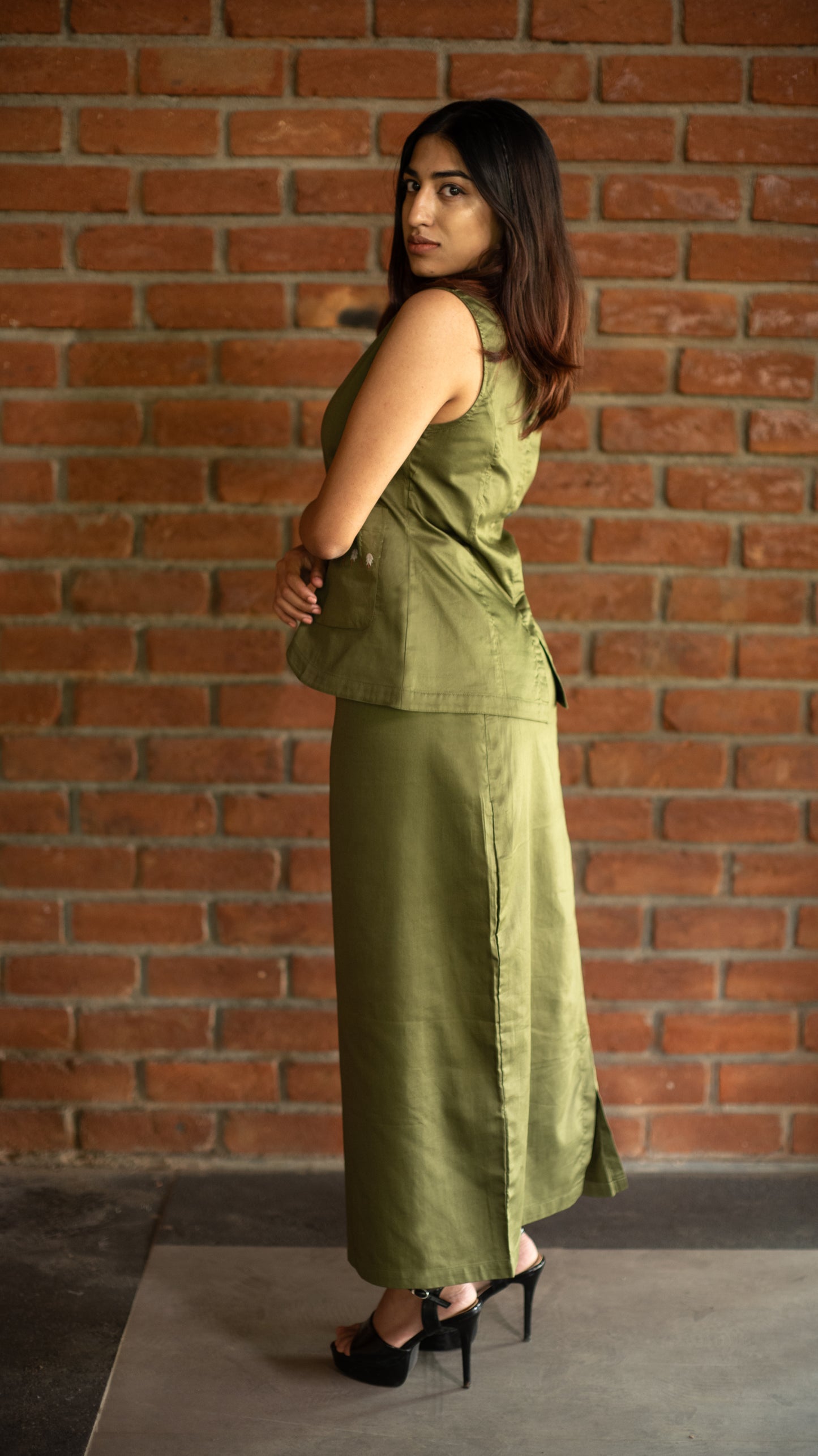 Vest Skirt Trees Set - Olive Green