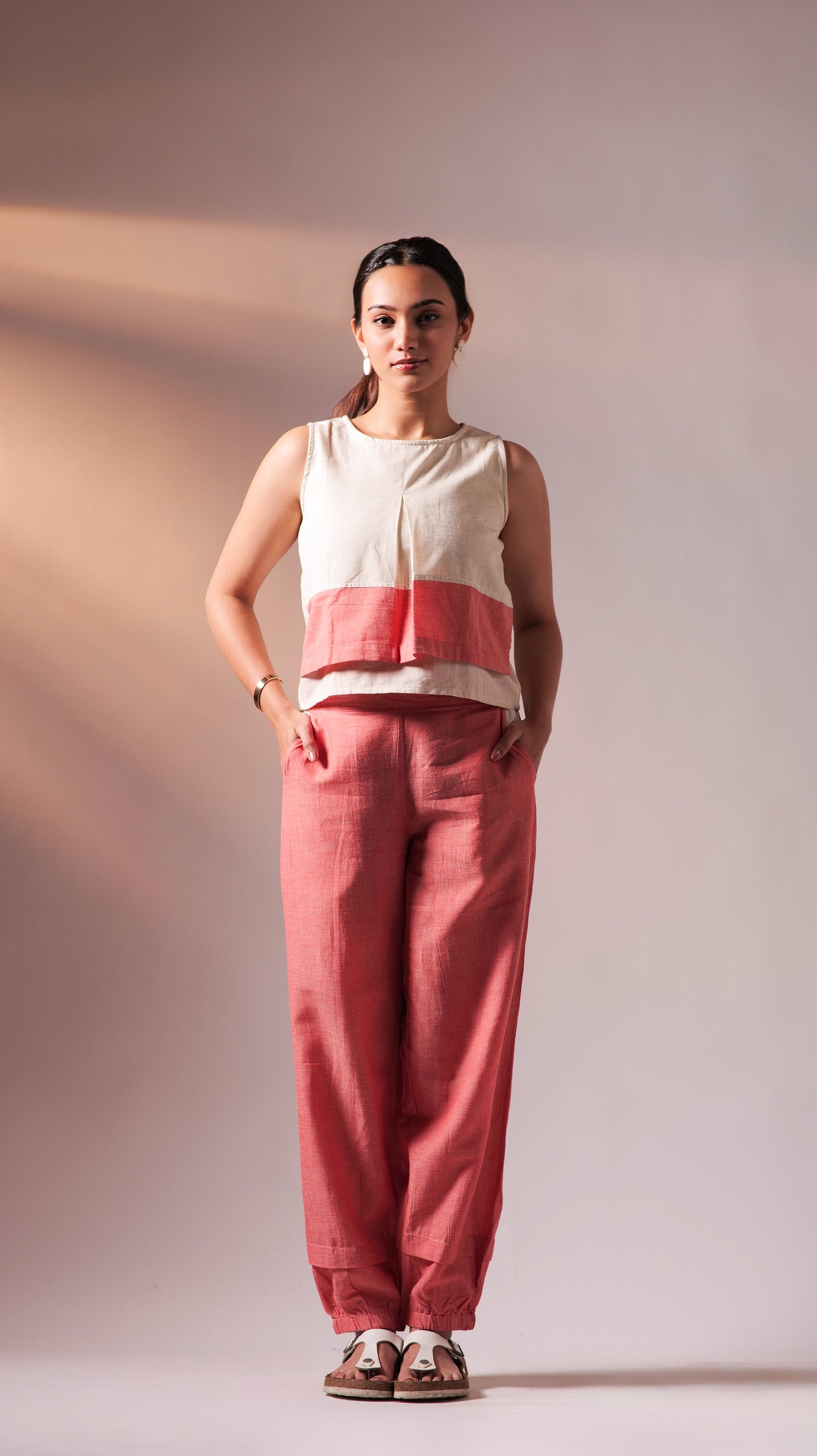 Flexi Top Pant Set - Peach+White