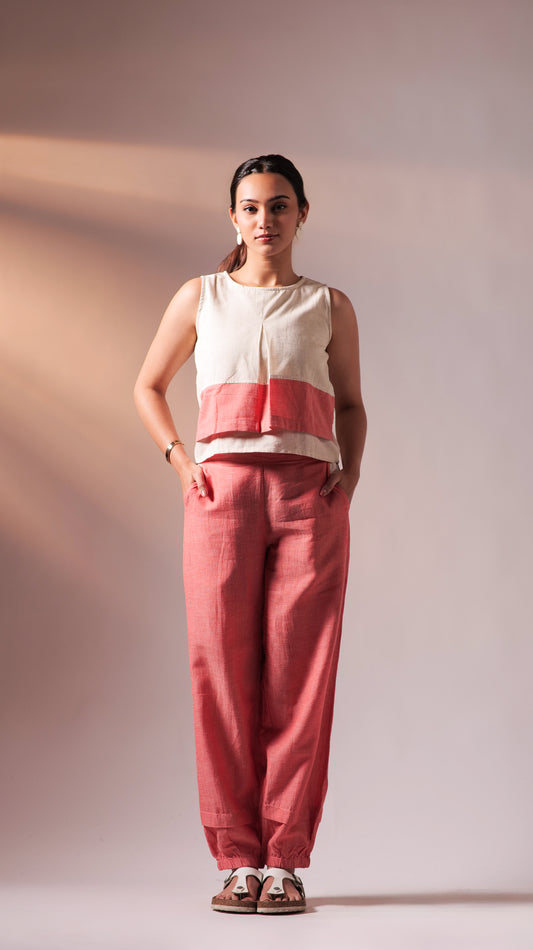 Flexi Top Pant Set - Peach+White