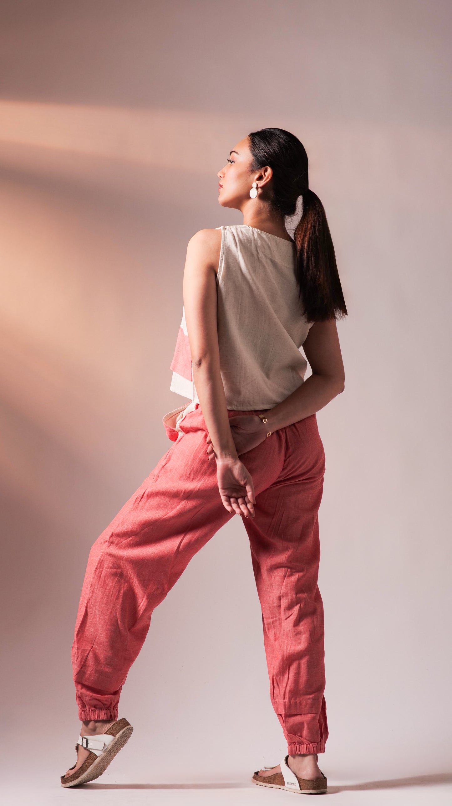 Flexi Top Pant Set - Peach+White