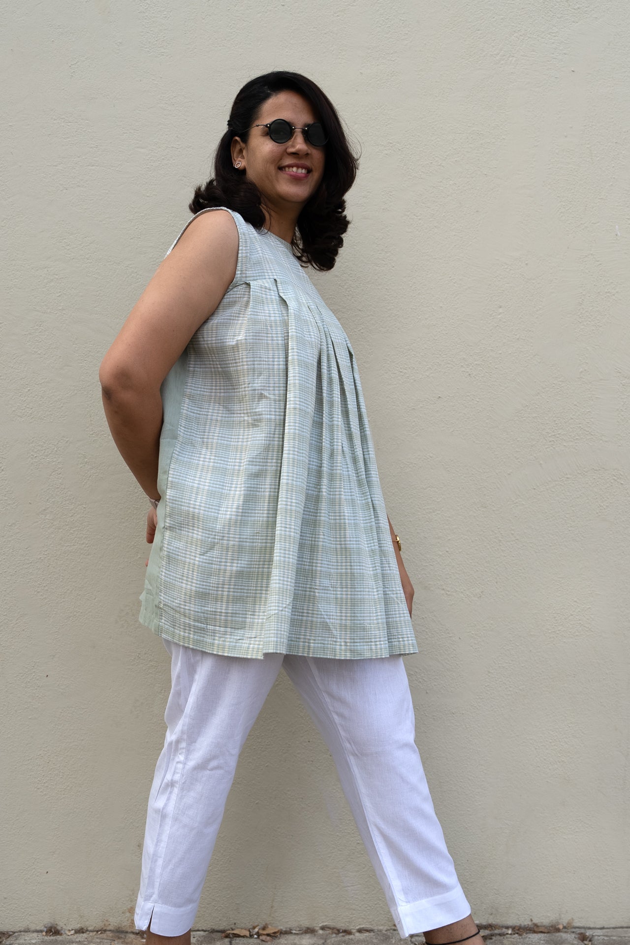 Checkered Sleeveless Top Sage