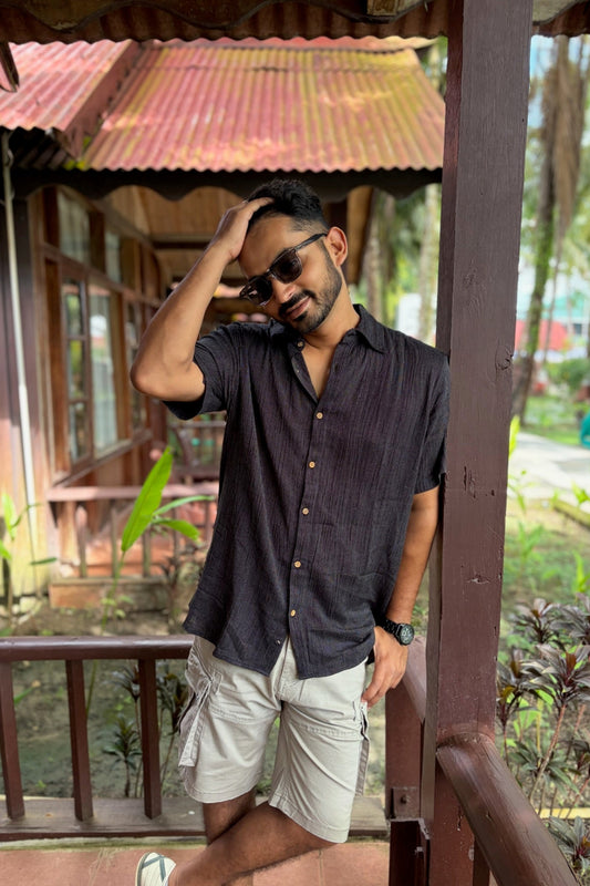 half sleeve black shirt that can be worn wih shorts and pants casual or formal