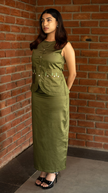 Vest Skirt Trees Set - Olive Green