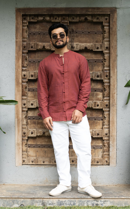 Full Sleeve Kurta Shirt - Brick